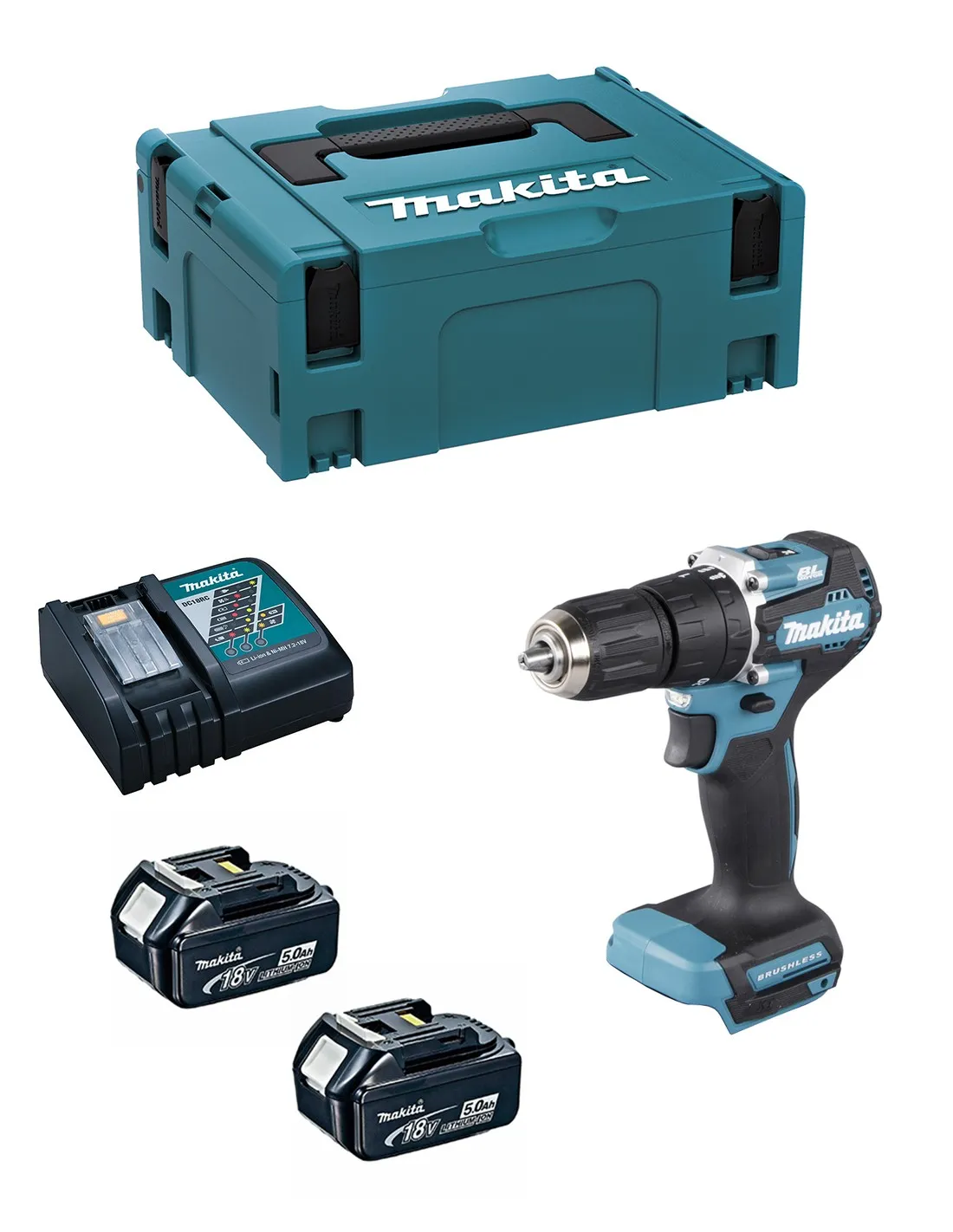 Perceuse à Percussion MAKITA DHP487RTJ (2 x 5,0 Ah + DC18RC + MAKPAC 2)