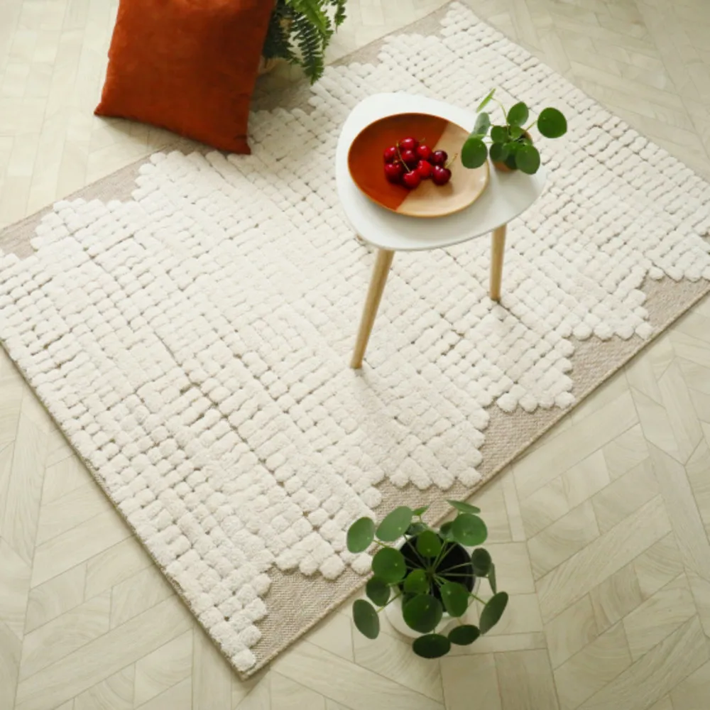 Tapis de salon en matière recyclée - ode à la vie - beige et crème - 200 x 290 cm